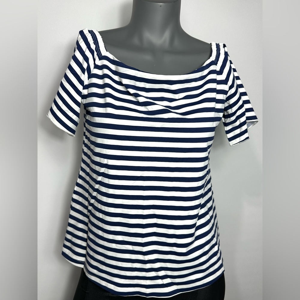 J.McLaughlin Blue Navy White Striped Scalloped Trim Square Neck size Small - Picture 13 of 13